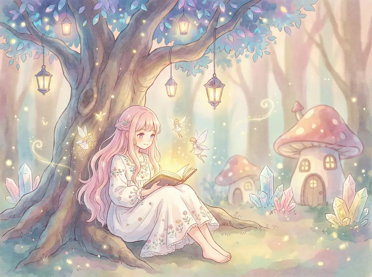 篮球体育生gv在线 - 魔法森林中阅读故事书的粉发少女与精灵